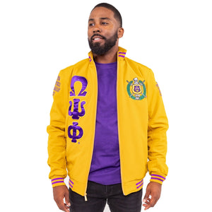 Omega Psi Phi Gold Jacket with Purple and Gold Stripes