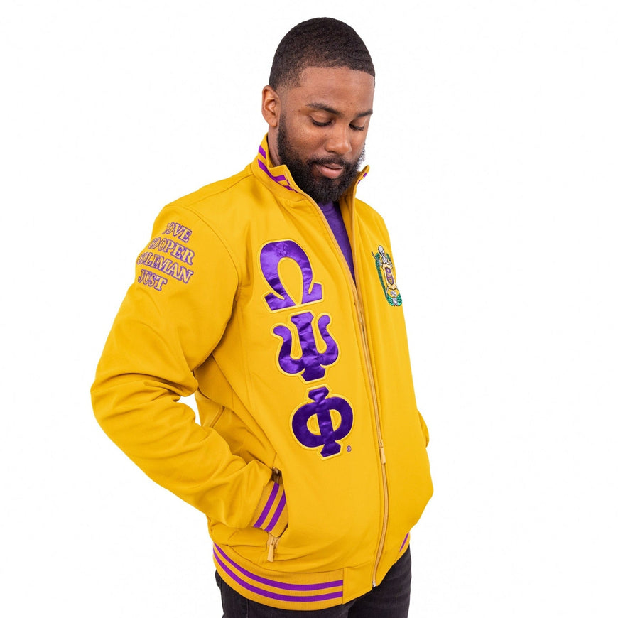 Omega Psi Phi Gold Jacket with Purple and Gold Stripes