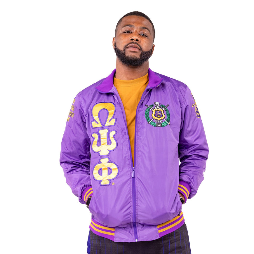 Omega Psi Phi Purple Bomber Style Jacket with Purple and Gold Stripes