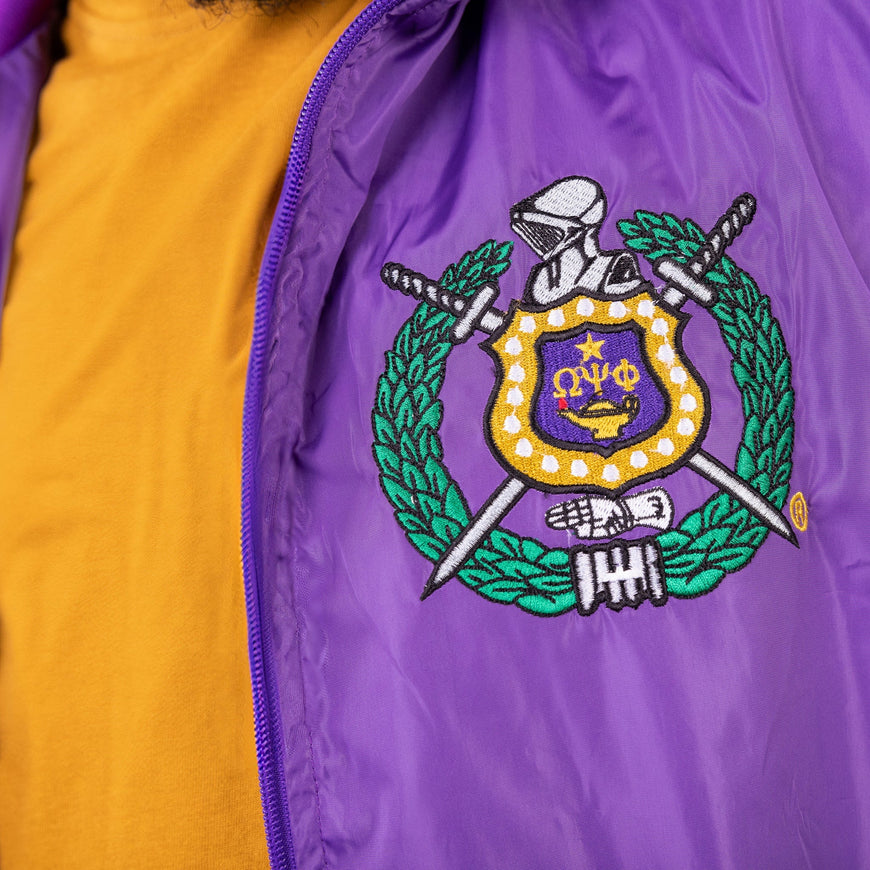 Omega Psi Phi Purple Bomber Style Jacket with Purple and Gold Stripes