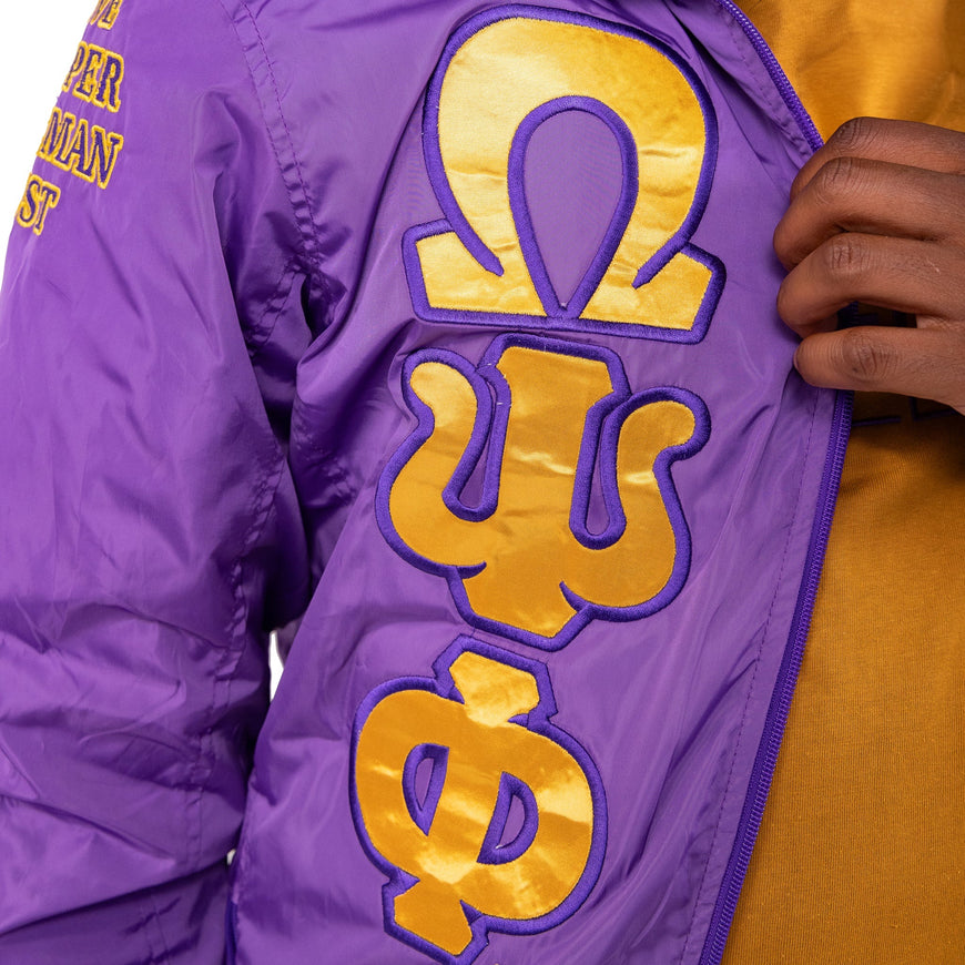 Omega Psi Phi Purple Bomber Style Jacket with Purple and Gold Stripes