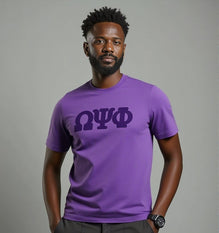 Omega Psi Phi Purple on Purple Letters Brush Embroidery Tee