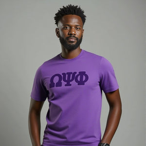 Omega Psi Phi Purple on Purple Letters Brush Embroidery Tee Winters Industries 