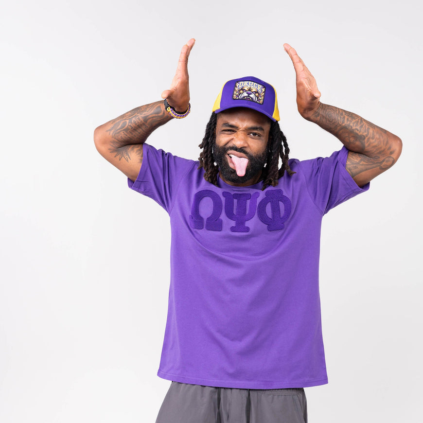 Omega Psi Phi Purple on Purple Letters Brush Embroidery Tee Winters Industries 
