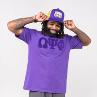 Omega Psi Phi Purple on Purple Letters Brush Embroidery Tee Winters Industries 