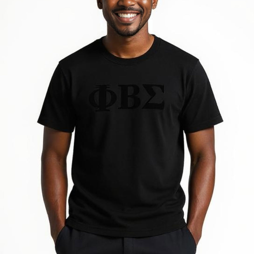 Phi Beta Sigma Black on Black Letters Brush Embroidery Tee Winters Industries 