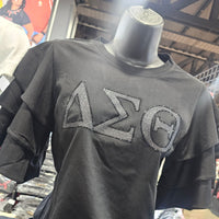 PREORDER ONLY Delta Sigma Theta Letters Ruffle Blouse with Bling BLACK Winters Industries 