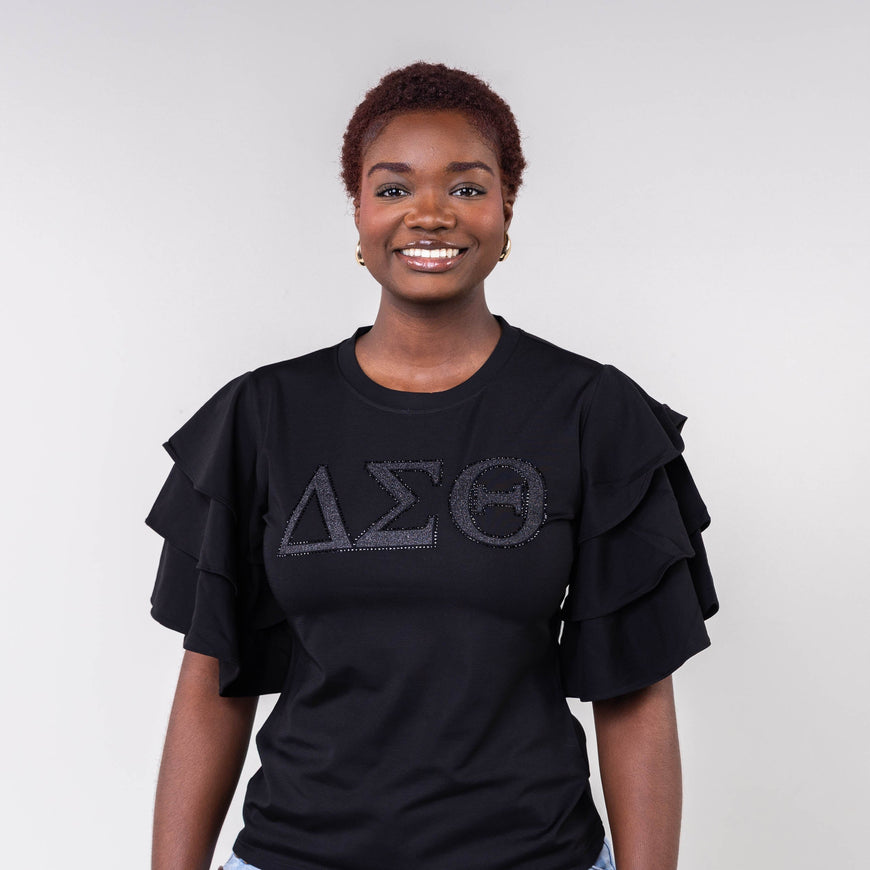 PREORDER ONLY Delta Sigma Theta Letters Ruffle Blouse with Bling BLACK Winters Industries 