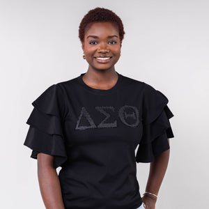 PREORDER ONLY Delta Sigma Theta Letters Ruffle Blouse with Bling BLACK Winters Industries 