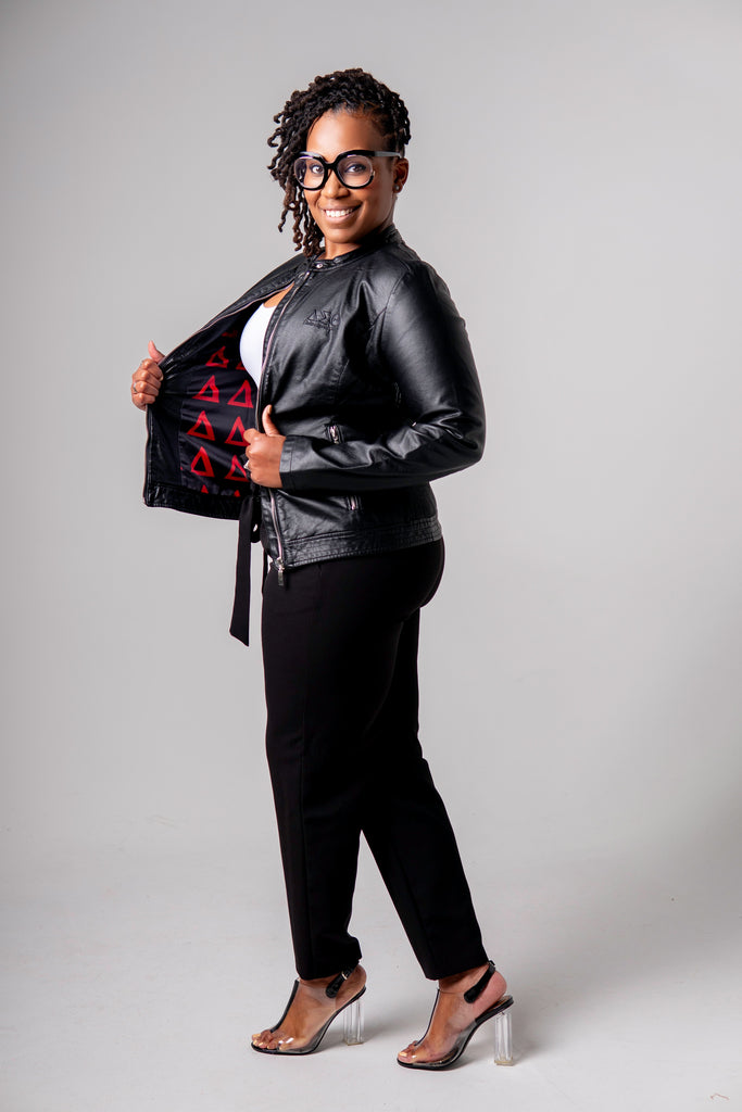 PU Leather Embroidered Delta Jacket (Black)