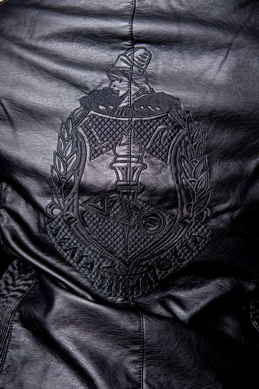 PU Leather Embroidered Delta Jacket (Black)