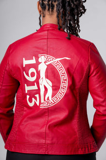 PU Leather Embroidered Delta Jacket (Crimson)