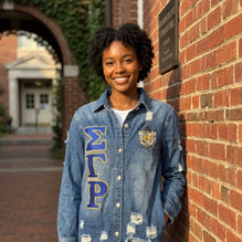 Sigma Gamma Rho Embroidered Letters Distressed Denim Jacket
