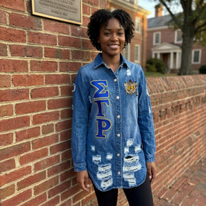 Sigma Gamma Rho Embroidered Letters Distressed Denim Jacket Winters Industries 