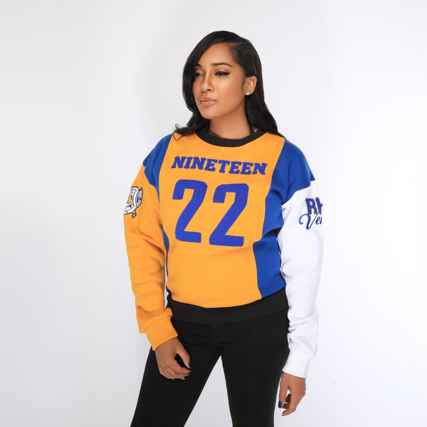 Sigma Gamma Rho Rhovember Nineteen 22 Chenille and Embroidered Sweatshirt (Gold/Blue) Shirts Winters Industries by Fully Promoted Mesquite 