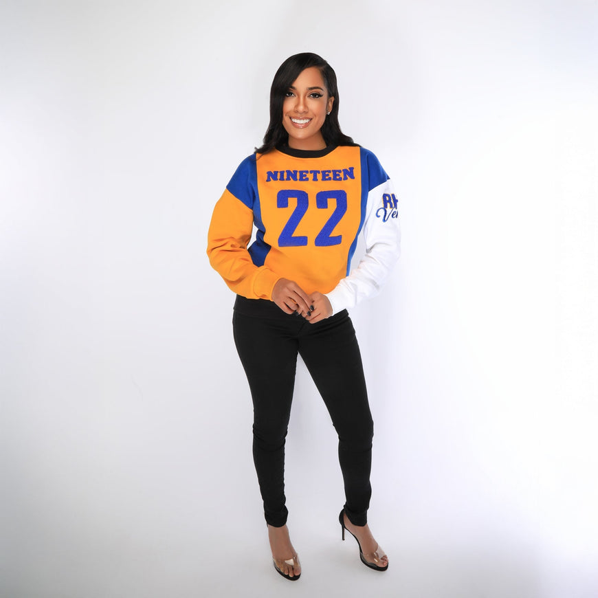 Sigma Gamma Rho Rhovember Nineteen 22 Chenille and Embroidered Sweatshirt (Gold/Blue) Shirts Winters Industries by Fully Promoted Mesquite 