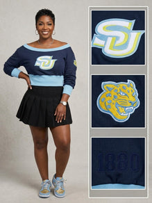 Southern University Embroidered Patch Off-Shoulder Cropped Sweatshirt