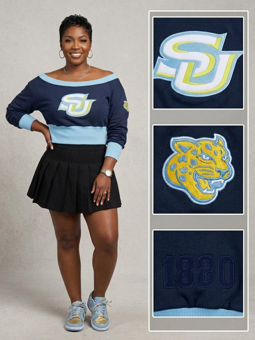Southern University Embroidered Patch Off-Shoulder Cropped Sweatshirt Winters Industries 