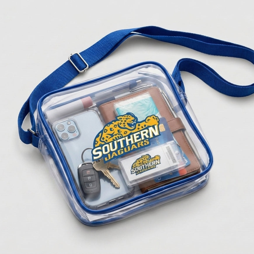 Southern University HBCU Clear Square Stadium Bag with Blue Trim Stadium Bag Winters Industries 