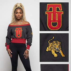 Tuskegee University Embroidered Patch Off-Shoulder Cropped Sweatshirt Black Winters Industries 