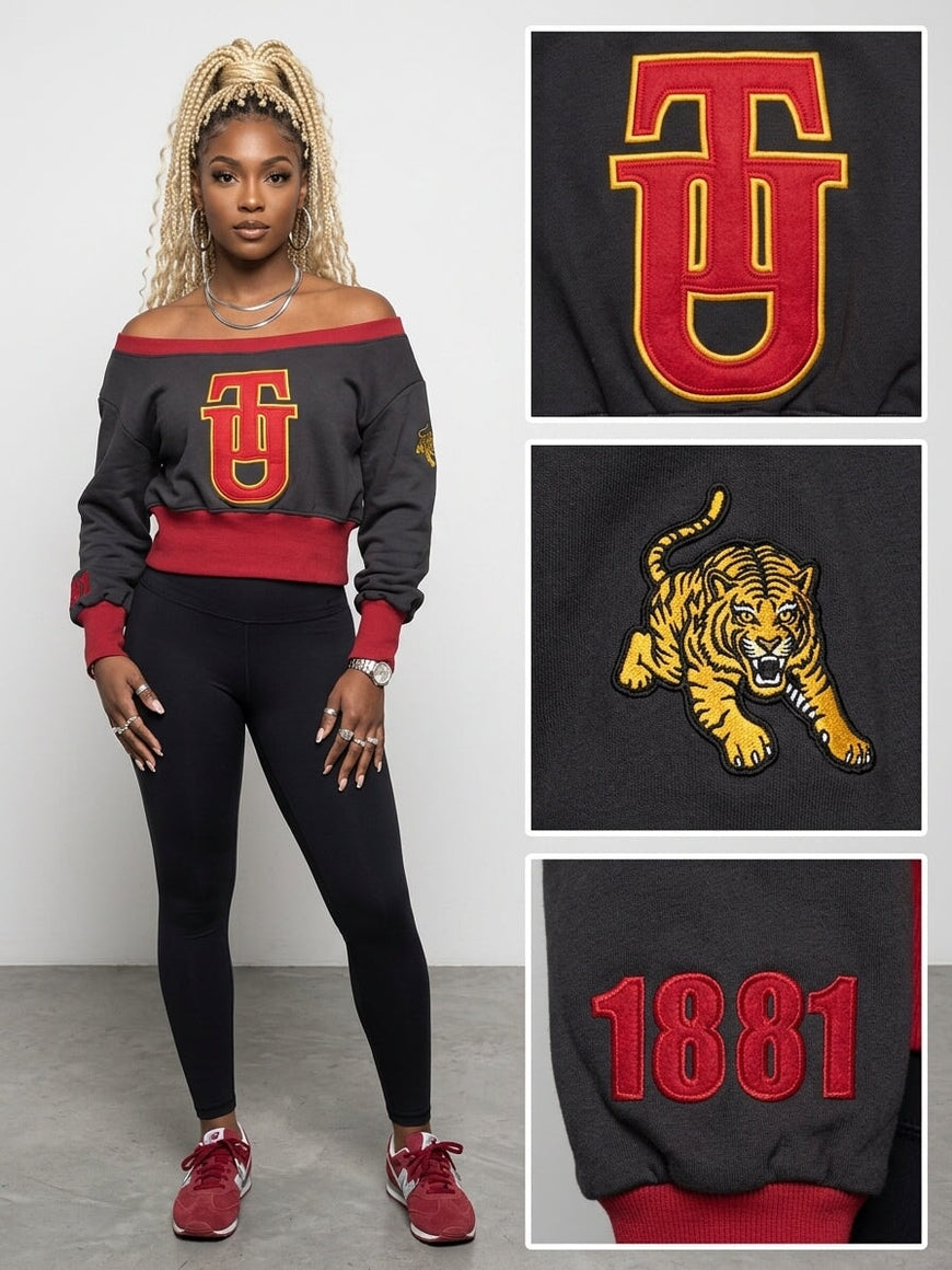 Tuskegee University Embroidered Patch Off-Shoulder Cropped Sweatshirt Black Winters Industries 