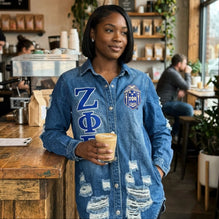 Zeta Phi Beta Embroidered Letters Distressed Denim Jacket