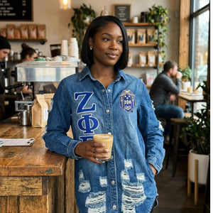Zeta Phi Beta Embroidered Letters Distressed Denim Jacket Winters Industries 