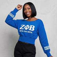 Zeta Phi Beta Embroidered Patch Off-Shoulder Cropped Sweatshirt Blue