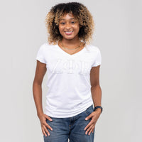 Zeta Phi Beta White Letters White Tee WintersIndustries by Fully Promoted Mesquite Small V-Neck 