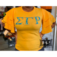 Sigma Gamma Rho Letters Gold Ruffle Blouse with Bling