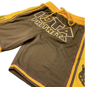 Iota Phi Theta Embroidered Brown Shorts with Gold Stripes