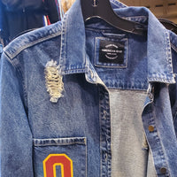 OES Letters Distressed Denim Jacket