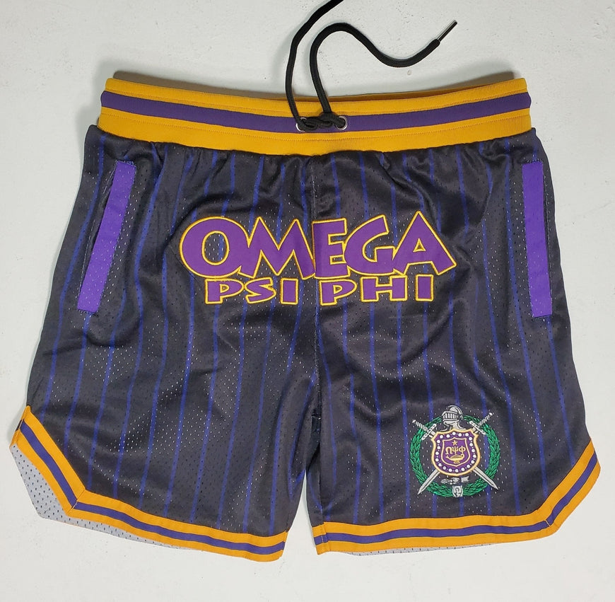 Omega Psi Phi Embroidered Black Shorts with Purple and Gold Stripes