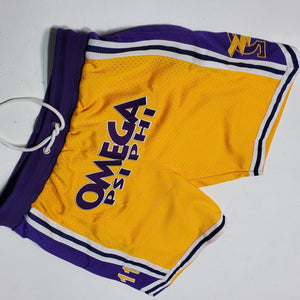 Omega Psi Phi Embroidered Gold Shorts with Purple Stripes