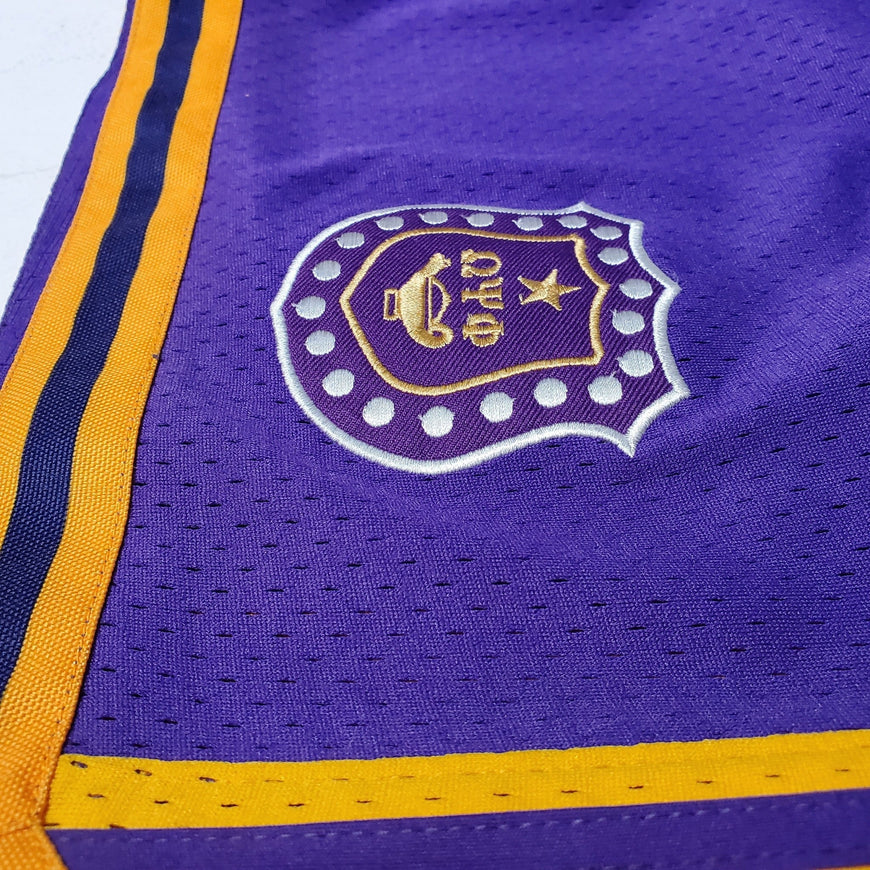 Omega Psi Phi Embroidered Purple Shorts with Gold Stripes