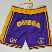 Omega Psi Phi Embroidered Purple Shorts with Gold Stripes