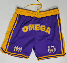 Omega Psi Phi Embroidered Purple Shorts with Gold Stripes