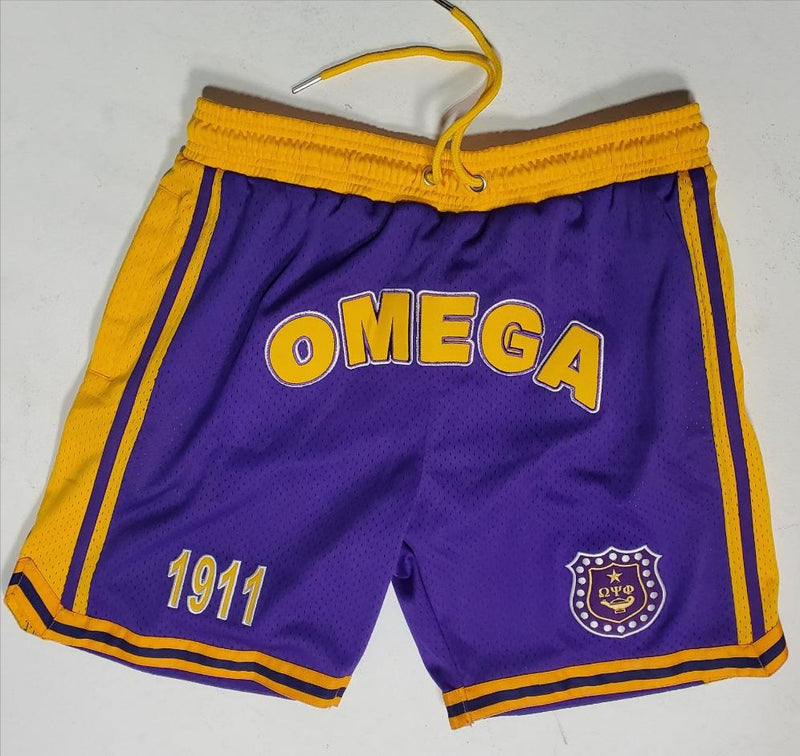 Omega Psi Phi Embroidered Purple Shorts with Gold Stripes