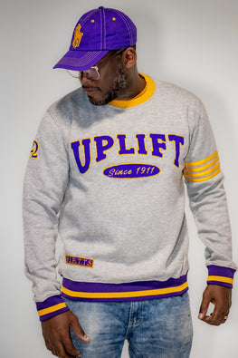 Omega Psi Phi "UPLIFT" Chenille Sweater Gray