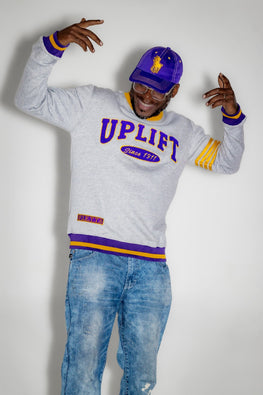 Omega Psi Phi "UPLIFT" Chenille Sweater Gray