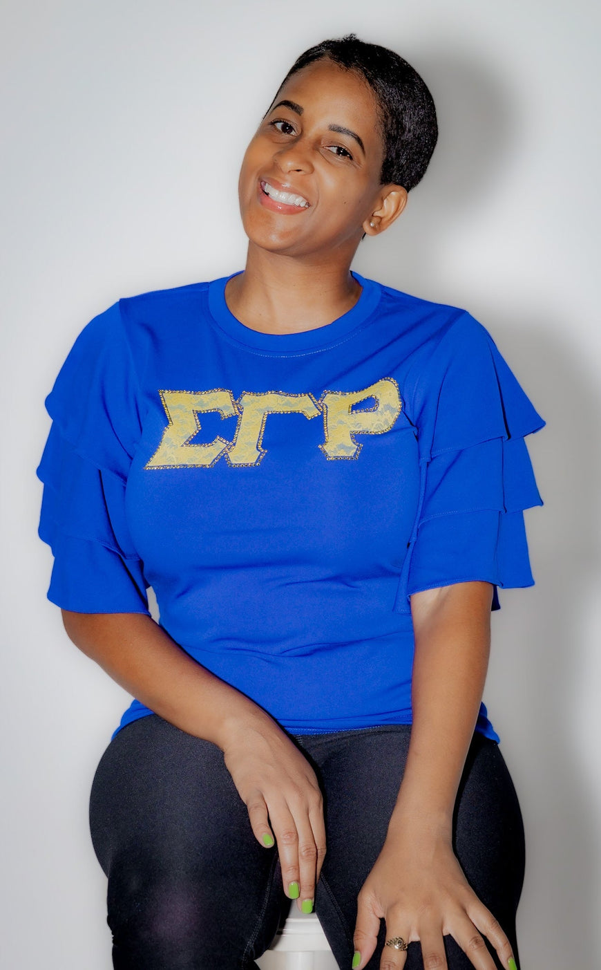 Sigma Gamma Rho Letters Blue Ruffle Blouse with Bling