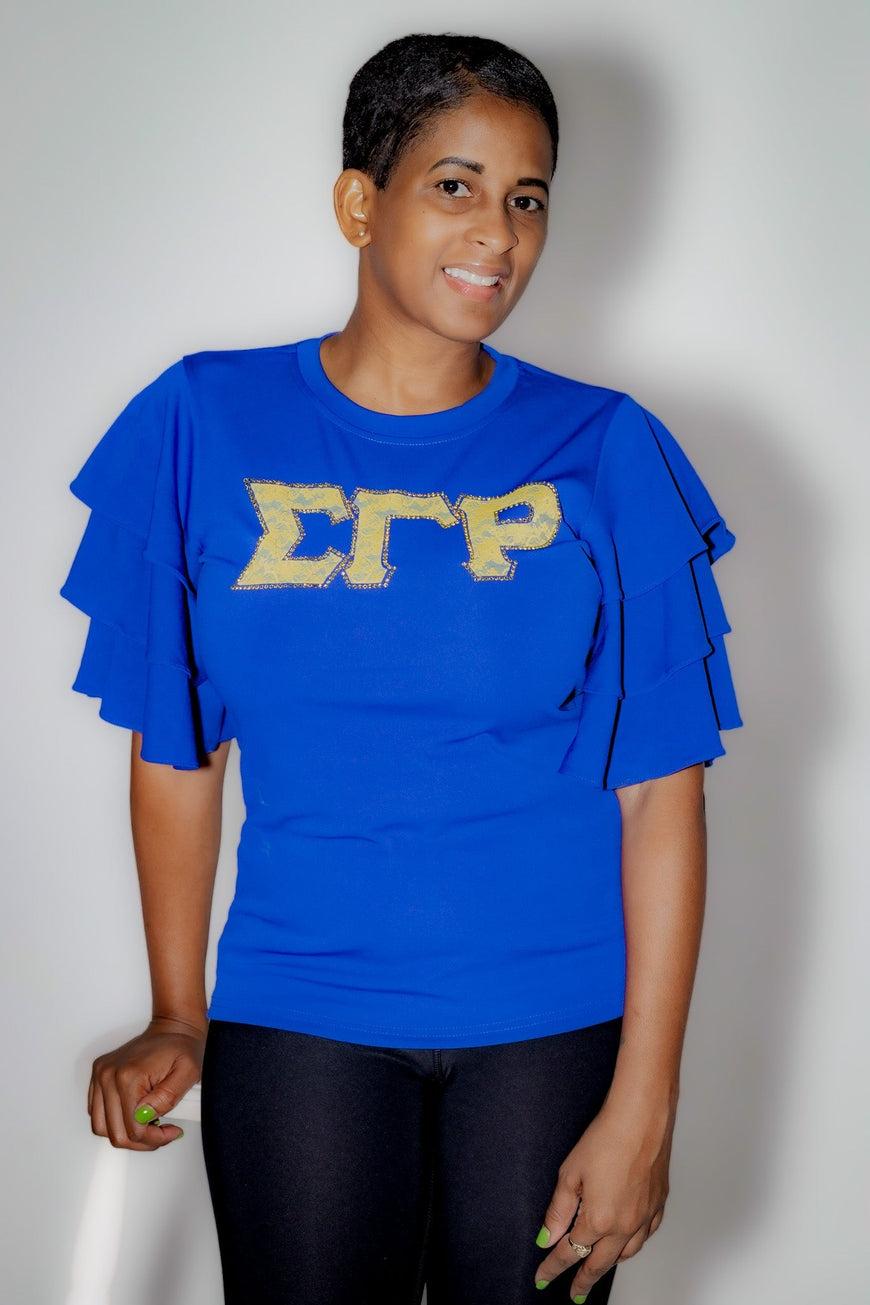 Sigma Gamma Rho Letters Blue Ruffle Blouse with Bling